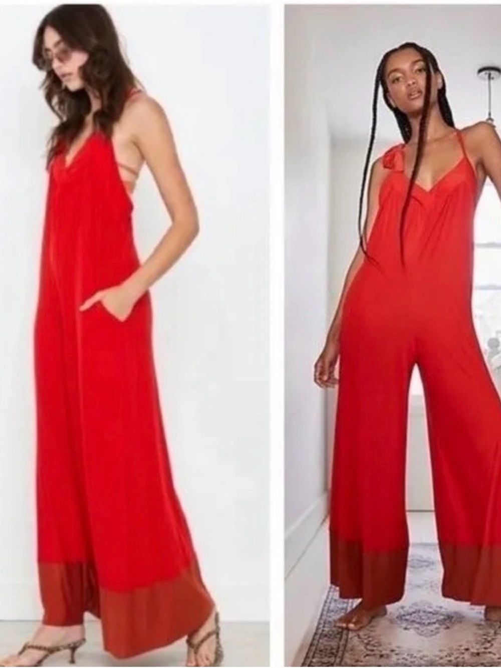Red Wide-Leg, Flowy Strap Jumpsuit in burnt orange